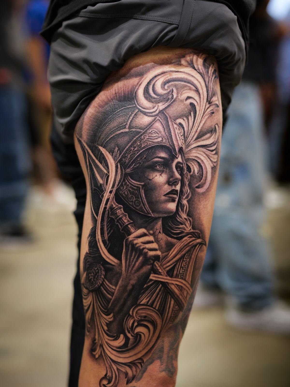 Client showing a finished black-and-grey leg piece